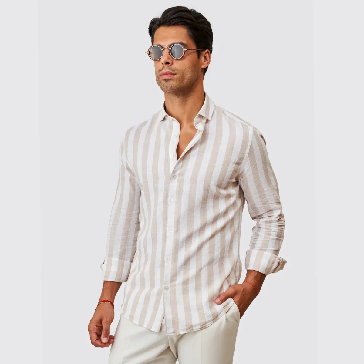 CAMISA DE LINHO RISCA LARGA BEGE ZOLF - Image 2