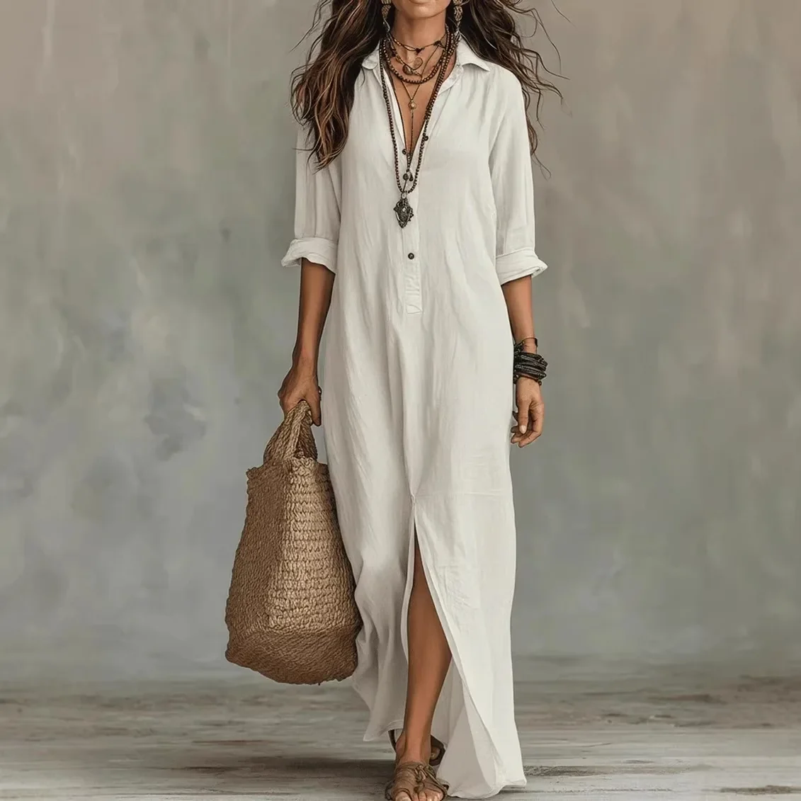 Robe Longue Chemise Femme Polyester Col Rabattu Manches Trois-Quarts Ample Casual Chic Vacances Quotidien – Agnoline - Image 2