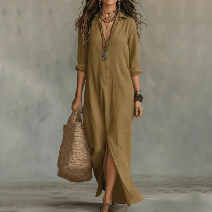Robe Longue Chemise Femme Polyester Col Rabattu Manches Trois-Quarts Ample Casual Chic Vacances Quotidien – Agnoline - Image 6