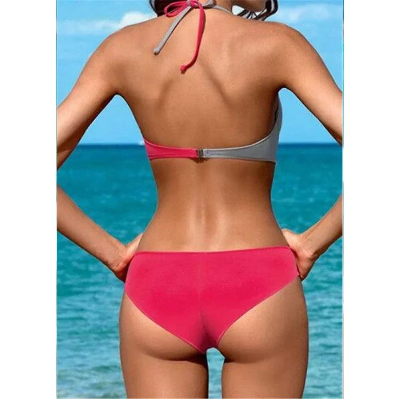 Bikini Femme Push-Up Halter Bicolore Sans Armature Bas Taille Basse Plage Été - Image 9