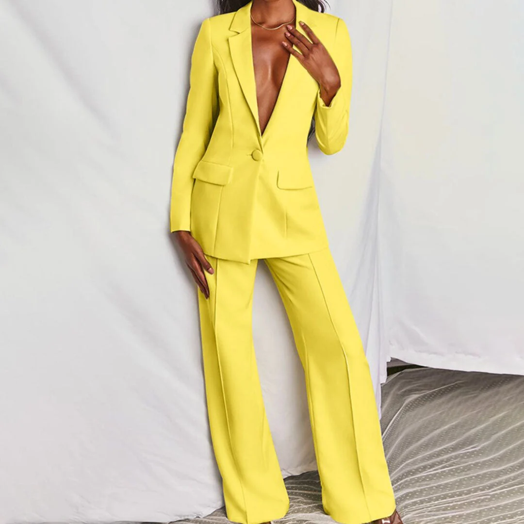 Femme Ensemble Blazer Pantalon Taille Haute Large Bureau Tenue Professionnelle - Image 2