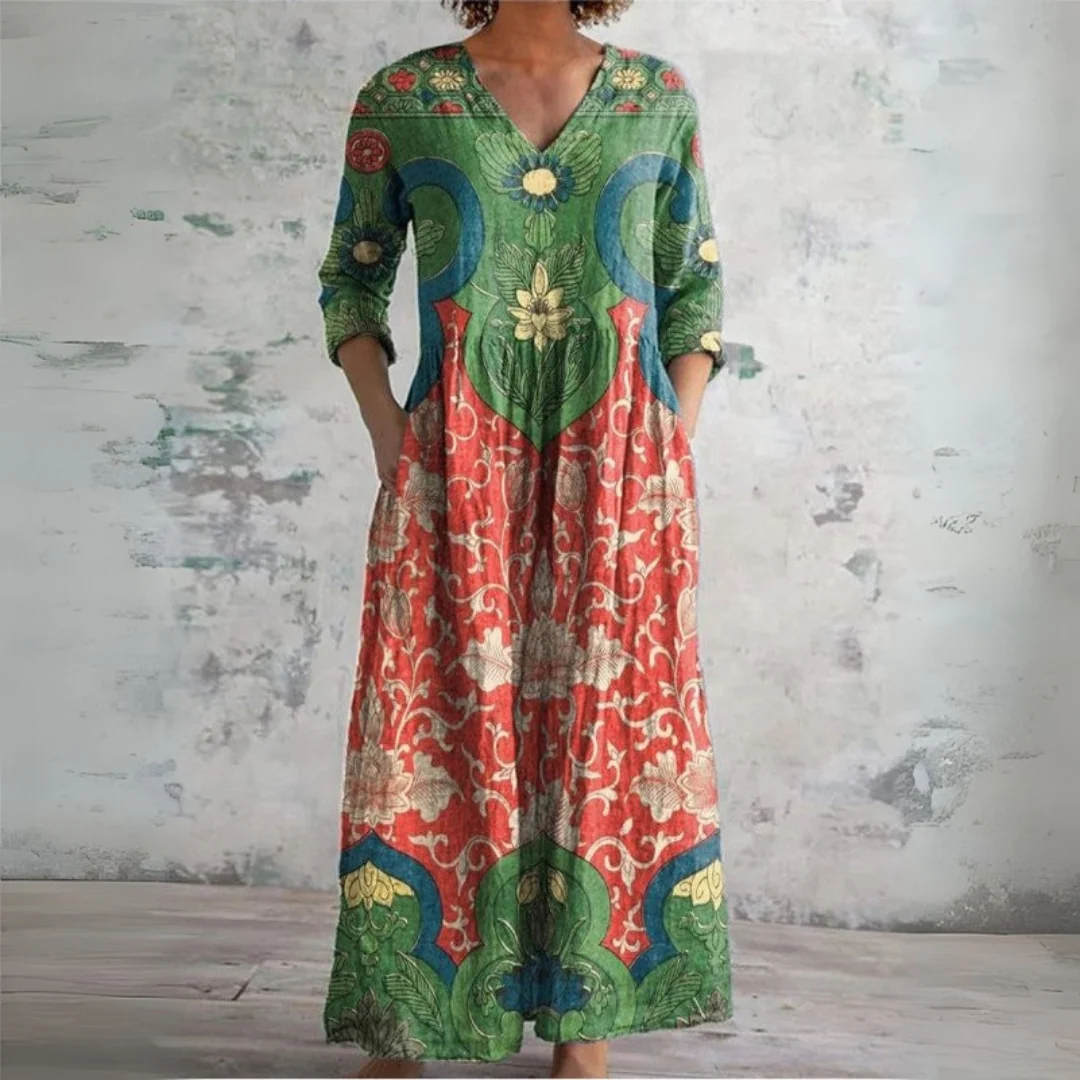 Femme Robe Midi Boho Florale Ethnique Col V Manches Longues Poches Bohème Casual