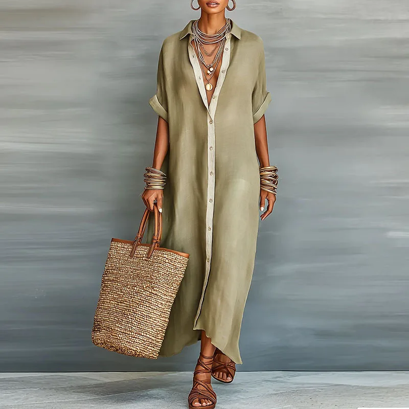 Robe Midi Femme Col Chemise Boutonnée Manches Courtes Lin Coton Casual Vacances Travail
