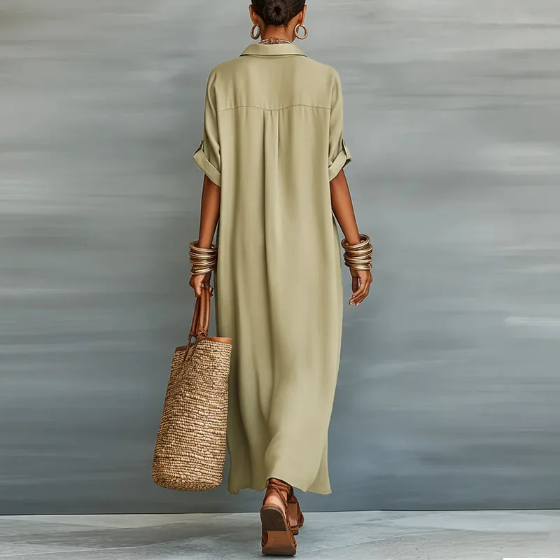 Robe Midi Femme Col Chemise Boutonnée Manches Courtes Lin Coton Casual Vacances Travail - Image 3