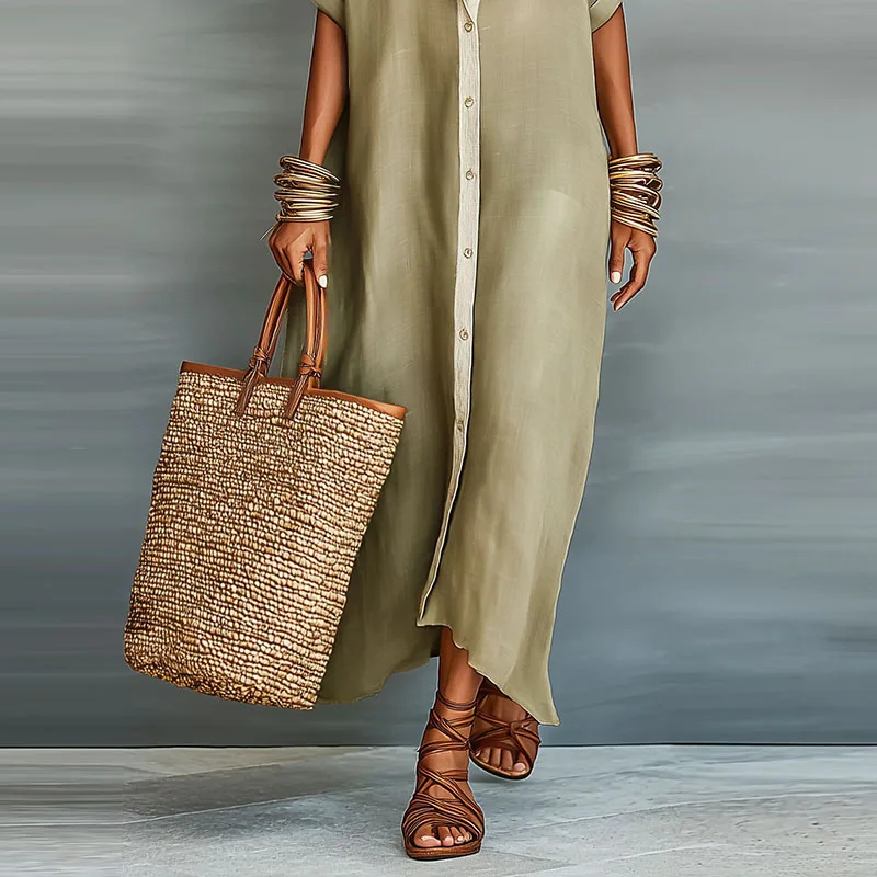 Robe Midi Femme Col Chemise Boutonnée Manches Courtes Lin Coton Casual Vacances Travail - Image 5