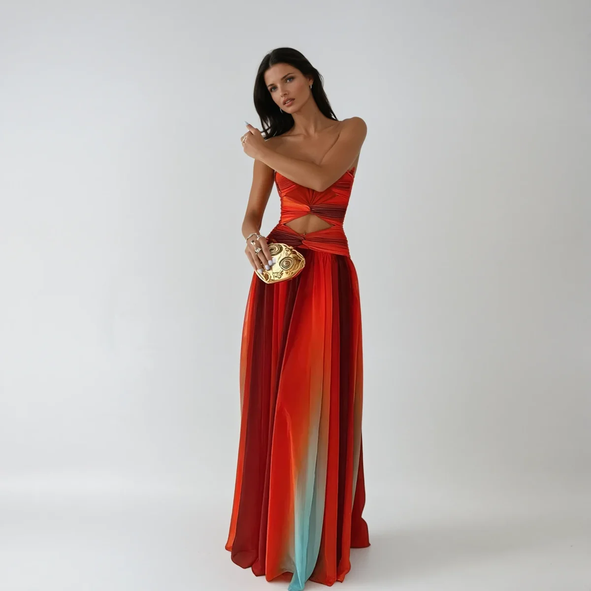 Robe Longue Femme Sans Bretelles Nœud Avant Jupe Fluide Fente Soirée Mariage Gala - Image 2