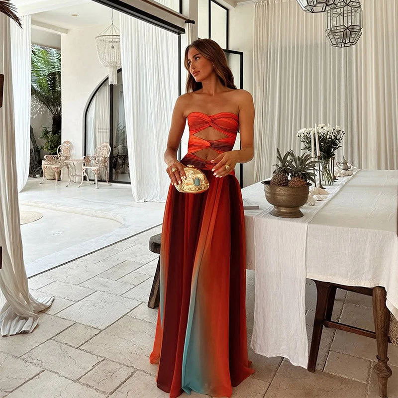 Robe Longue Femme Sans Bretelles Nœud Avant Jupe Fluide Fente Soirée Mariage Gala - Image 3