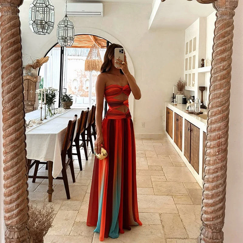 Robe Longue Femme Sans Bretelles Nœud Avant Jupe Fluide Fente Soirée Mariage Gala - Image 6