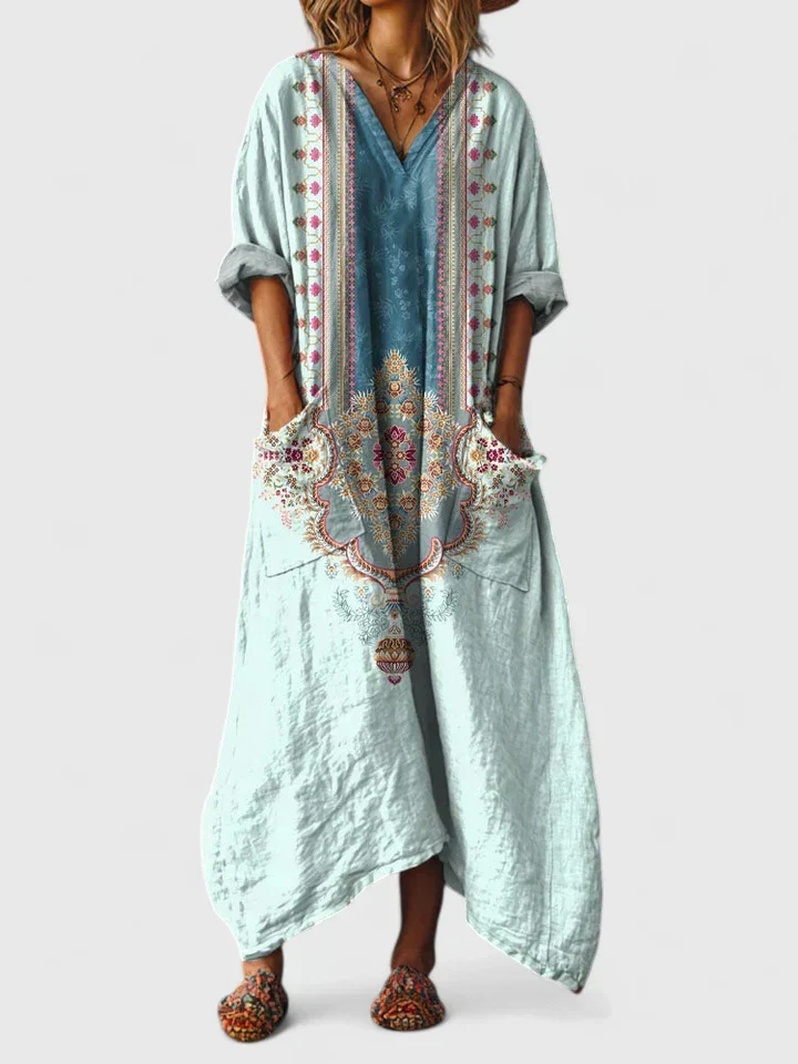 Robe Maxi Femme Bohème Imprimé Paisley Col V Manches 3/4 Grandes Poches Avant - Image 7