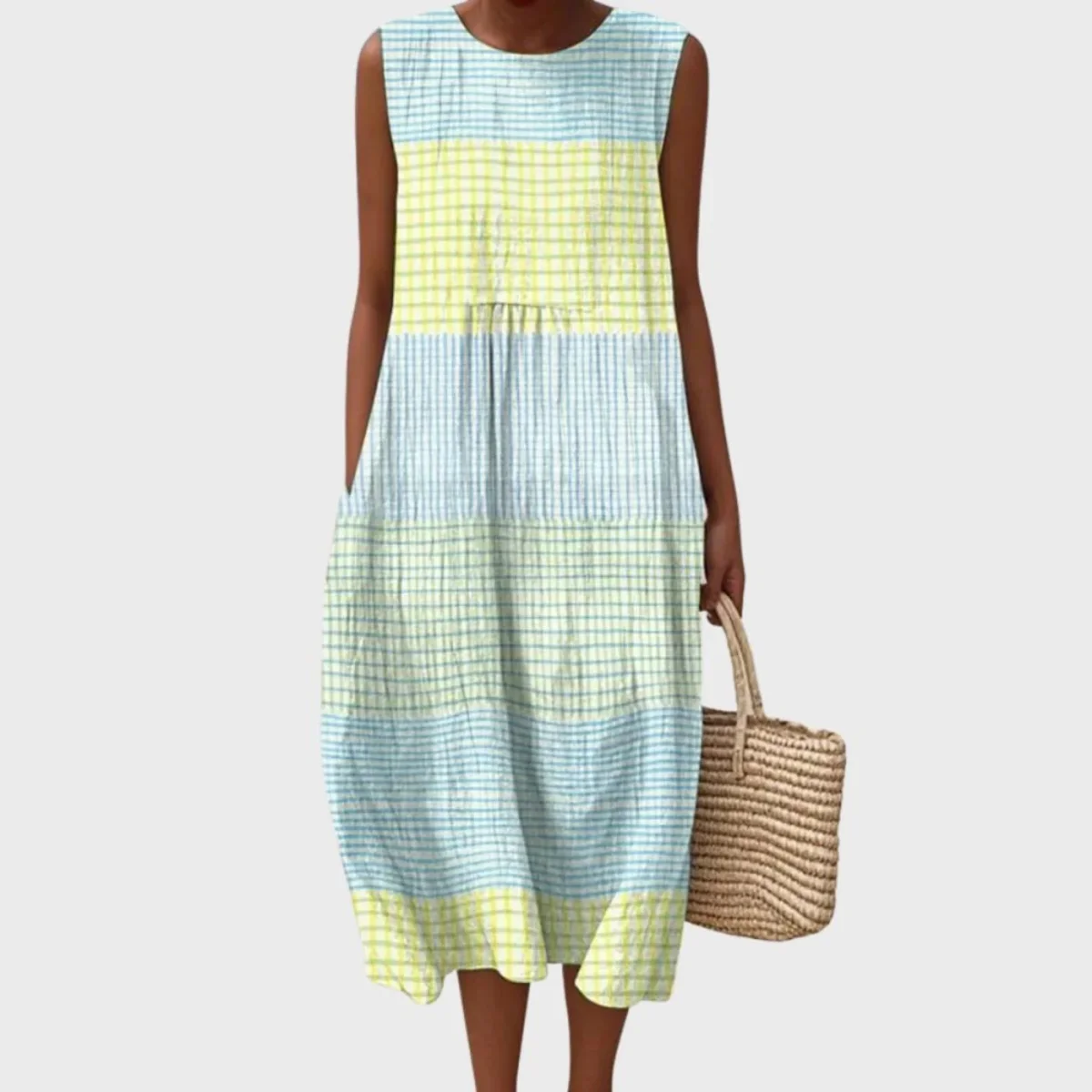 Robe Midi Sans Manches à Carreaux Femme Décontractée Été Plage - Image 2